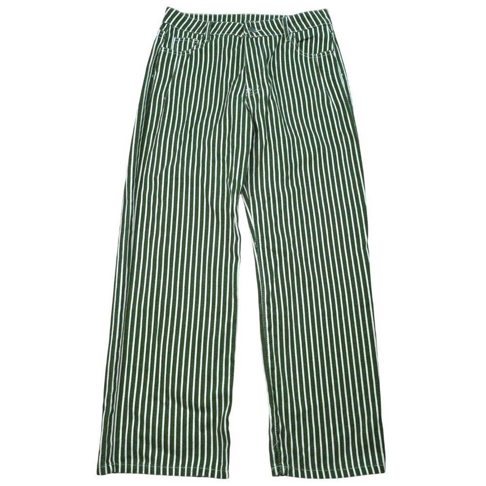 Jeans Green White Vertical Striped Wide Leg High Rise Pants Womens L Streetwear